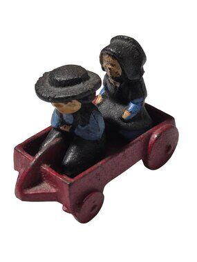 Vintage Miniature Amish Couple Red Wagon Cast Iron Figurine Hand Painted 1.5"
